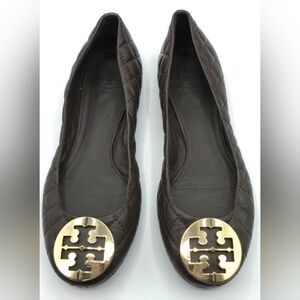 Tory Burch Brown Gold Flats with Iconic Logo